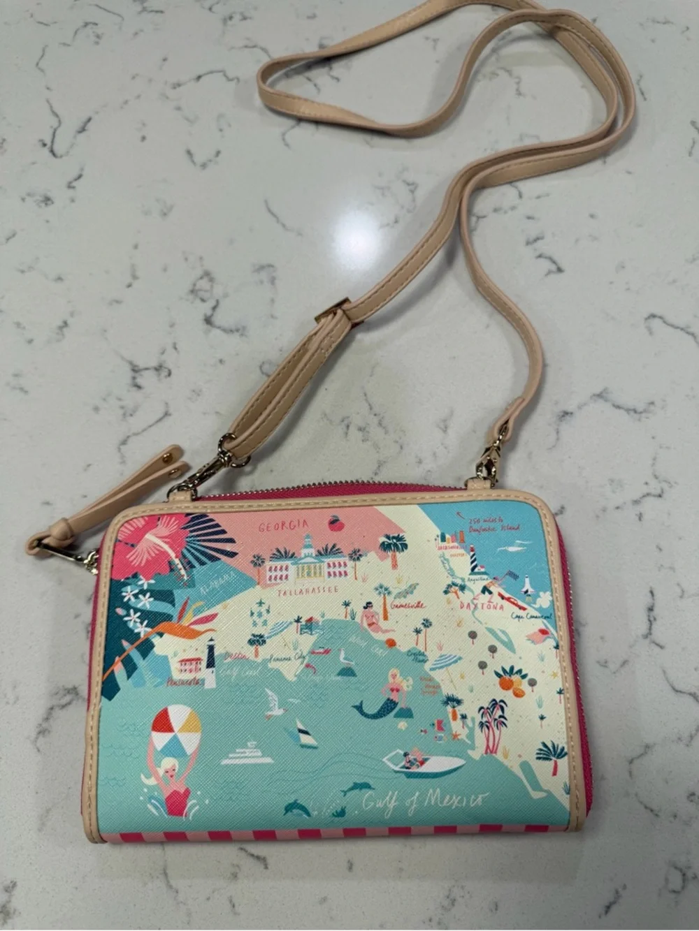 Spartina 449 Aqua Multi Florida Map Wristlet with Pink Trim - Picture 2 of 4